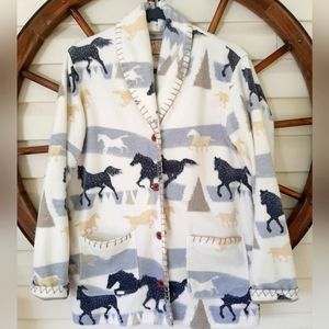 Women's Bit & Bridle Vintage Horse Fleece Sweater Cardigan Large